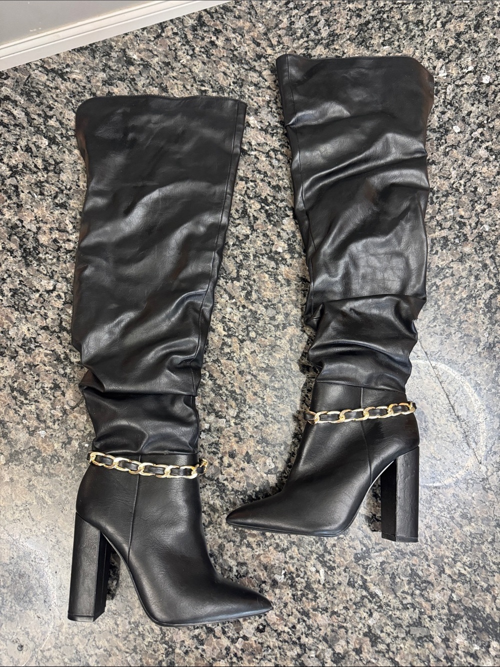 Shoe Dazzle Thelma Black Over-the-Knee Pointed Toe Boots with Gold Chain